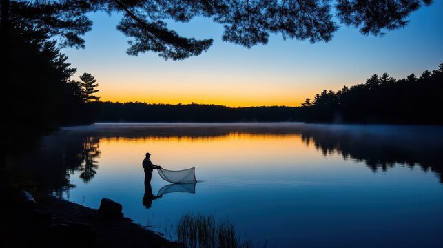 Silhouetted Fisherman Casting Net at Sunrise Over Calm Lake