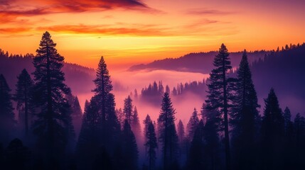 Majestic Sunset Over Foggy Mountain Forest Landscape