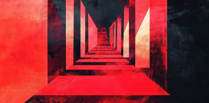 Abstract corridor with red walls and receding parallel structures
