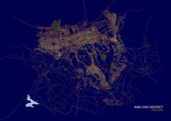 vector map of highways waterways and buildings in wan chai districts in Hong Kong in blue and orange color