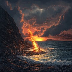 Naklejka premium Bonfire ablaze on rocky shore with waves under sunset