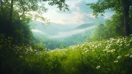 Peaceful Appalachian meadow blooming wildflowers lush greenery crisp spring air