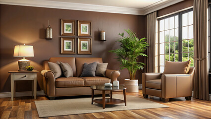 vCozy Brown Living Room with Leather Furniture and Hardwood Floors