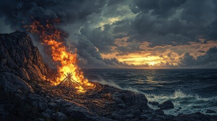 Fototapeta premium A blazing bonfire crackles beside a turbulent ocean at sunset