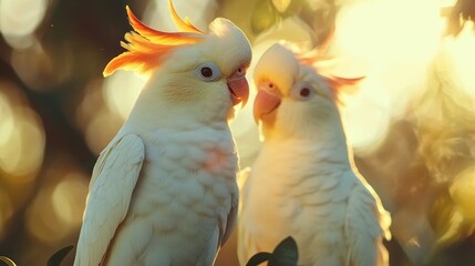 Two cockatoos with vibrant crests perched together in a sunlit environment.