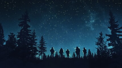 Naklejka premium Silhouetted figures gaze at a starlit night sky above a forest