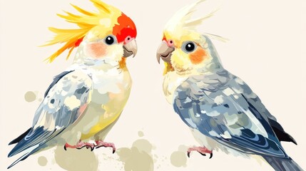 Two colorful cockatiels facing each other in a vibrant, artistic style.