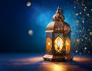 An ornate, glowing lantern with intricate details sits on a surface against a dark blue background with bokeh lights