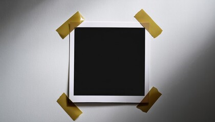 Vintage Mood A Blank Polaroid Frame, Framed by Soft Shadows and Scotch Tape on a Pristine White Canvas, Radiates Timeless Elegance and Minimalist Charm.