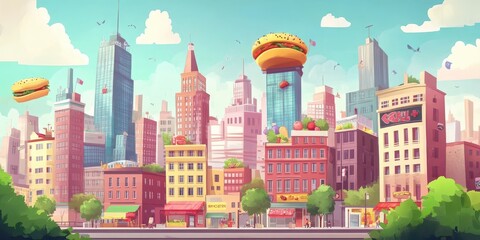 Cartoon cityscape with skyscrapers and giant burgers in the sky