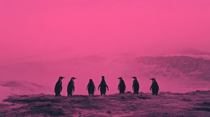 Five King Penguins Standing on a Pink Landscape