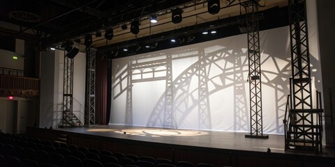 Naklejka premium Stage setup highlighting intricate shadows and lighting effects in a modern theater environment