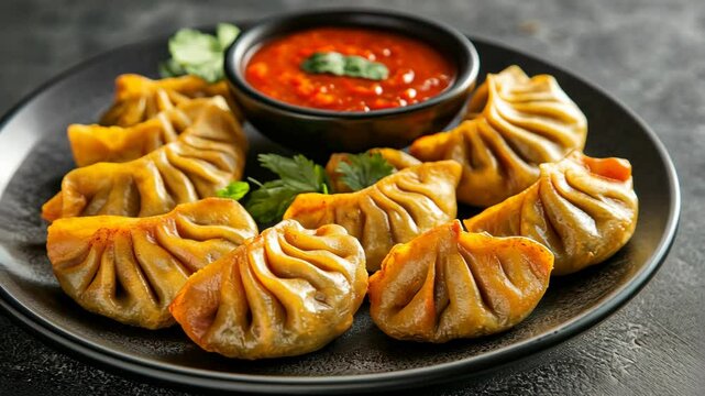Delicious Nepali momos served with spicy dipping sauce in a traditional setting
