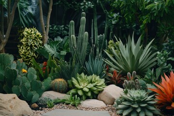 Fototapeta premium Diverse Collection of Succulents and Cacti in a Lush Green Botanical Garden