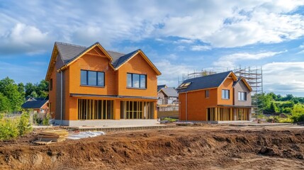 Two newly constructed houses in a residential area with a clear sky.