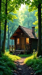 Wooden cabin nestled in forest, trees surrounding, sunlight filtering through leaves, serene landscape, cozy cabin