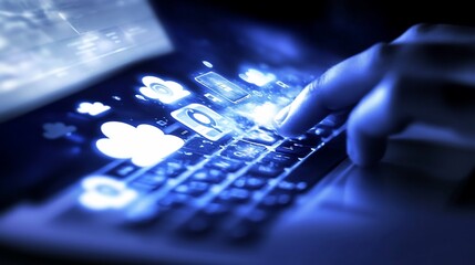 Fototapeta premium Nighttime social media interaction; glowing keyboard, data stream