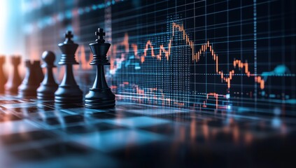 Chess pieces strategy, stock market decline background, financial planning