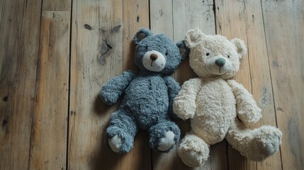 Two plush teddy bears resting on a wooden floor, showcasing their soft textures and colors.