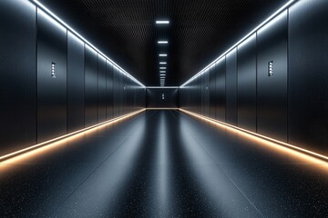 3D render of an empty black room with steel slat wall and white LED stripes, captured in low-angle shot with symmetrical perspective grid, featuring a dark gray color palette in high resolution.