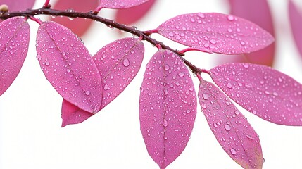 Pink leaves, dew drops, branch, nature, white background, autumn