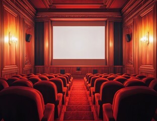 Fototapeta premium Empty vintage cinema, red seats, blank screen, ornate interior, film presentation