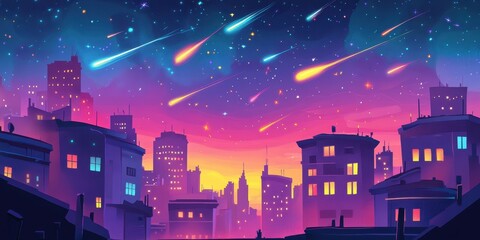 Fototapeta premium Cityscape under a meteor shower with vibrant and colorful skies