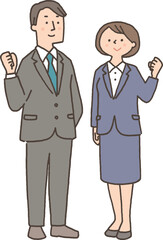 ガッツポーズをするスーツ姿の男女
