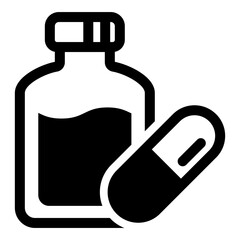 icon depicting a medicine bottle and a capsule symbolizing pharmaceuticals and healthcare.