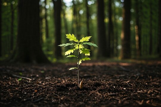 A young oak tree sapling growing in a forest.