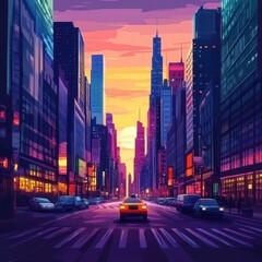 Obraz premium A vibrant cityscape with tall buildings and a sunset