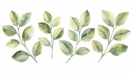 Naklejka premium Watercolor green leaves, botanical illustration, white background, design element