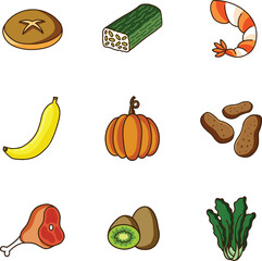 healthy food icons consist of bread, tempeh, shrimp, banana, pumpkin, potato, thigh meat and mustard greens