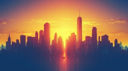 Obraz premium Silhouette of a vibrant city skyline against a sunset glow