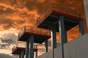 Dramatic Cloudy Sky Over Modern Industrial Structures with Elevated Platforms at Sunset