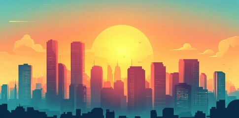 Fototapeta premium Illustration of a cityscape silhouetted against a vibrant sunset