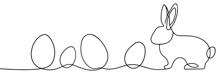 One continuous line drawing of Easter eggs and rabbit. Greeting banner design with bunny and ears in simple linear style. Doodle vector illustration