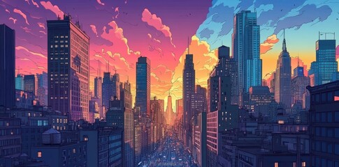 Fototapeta premium Beautiful cityscape illuminated by vibrant colors during the evening hours