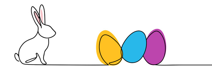 One continuous line drawing of Easter eggs and rabbit. Greeting banner design with bunny and ears in simple linear style. Doodle vector illustration