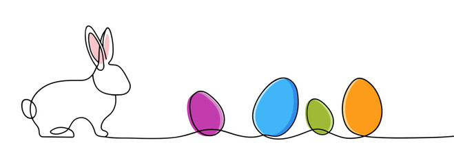 One continuous line drawing of Easter eggs and rabbit. Greeting banner design with bunny and ears in simple linear style. Doodle vector illustration