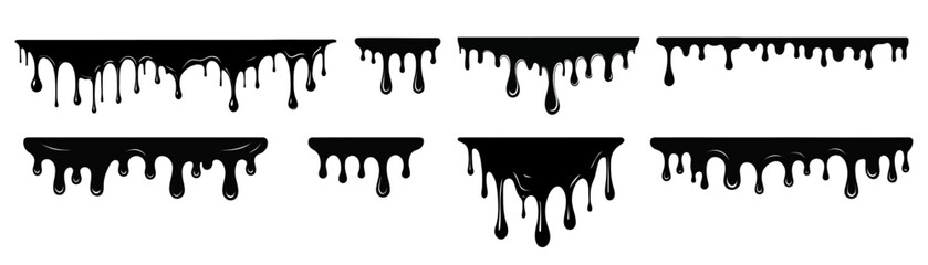 Black dripping paint, melting chocolate or drip of oil. Set of abstract liquid stain elements. Flat vector illustration of splash ink flows