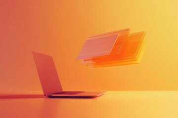 sleek digital workspace with holographic folders floating above minimalist laptop, bathed in warm orange glow