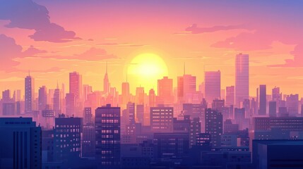 City skyline at sunset with pink and orange sky