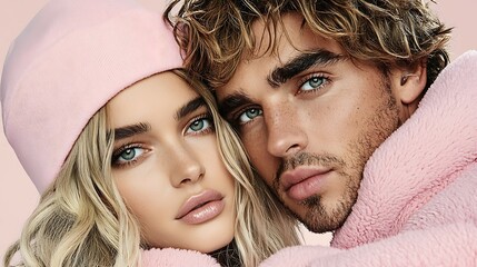 Stylish couple fashion editorial stylish couple posing closely, dressed in soft pink attire, showcasing a modern fashion striking blue eyes representation