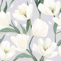 Fototapeta premium Soft and serene white tulips floral pattern in white and green for a tranquil look