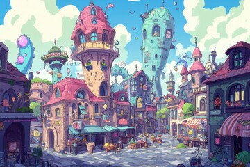 Whimsical townscape featuring colorful architecture with towers and shops