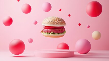 Floating hamburger with vibrant pink spheres in a minimalist setting, ideal for food advertising