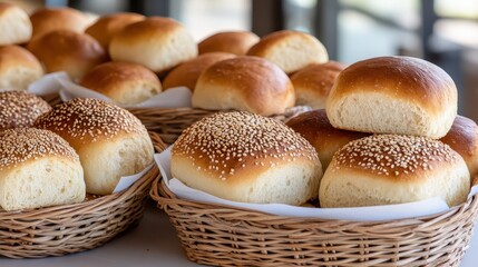 Freshly Baked Bread Rolls with Sesame Seeds in Woven Baskets on Display in Bakery Shop