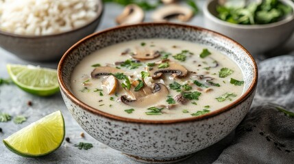 A bowl of creamy mushroom soup garnished with herbs, lime, and served with rice.