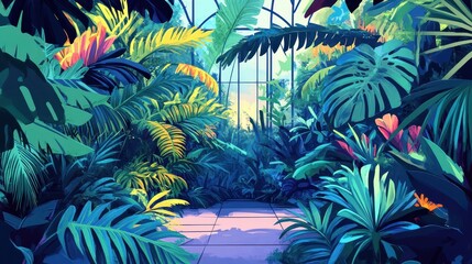 Lush indoor greenhouse showcases vibrant tropical plants and sunlight